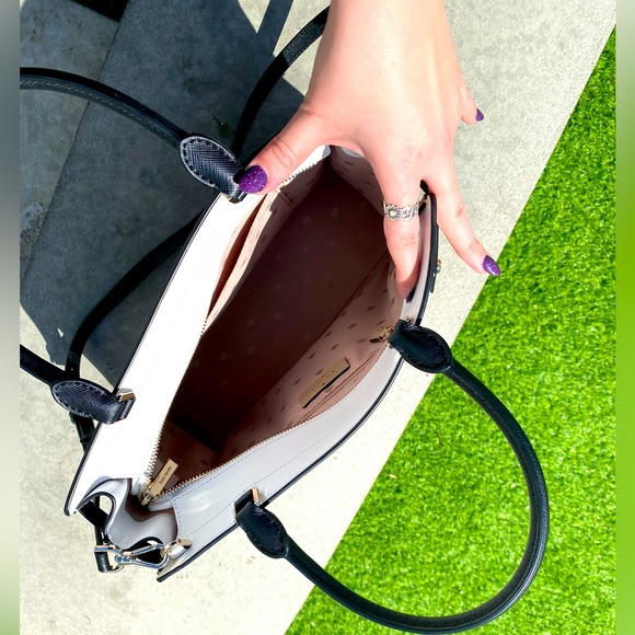 Kate Spade Silver Logo Leather Beige Black & White Tote Crossbody Satchel - Picture 15 of 16
